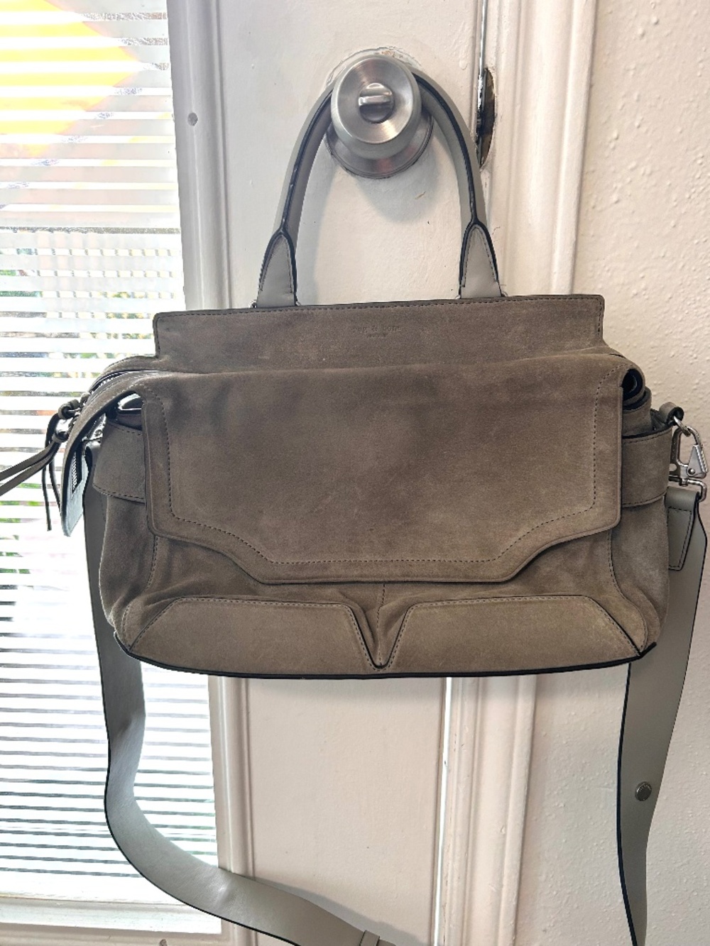 Rag Bone Pilot Satchel gray suede leather shoulder crossbody handbag purse bag